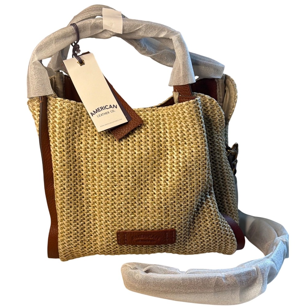 American Leather Co Auburn Convertible Crossbody‎ Raffia Brandy Brown Satchel